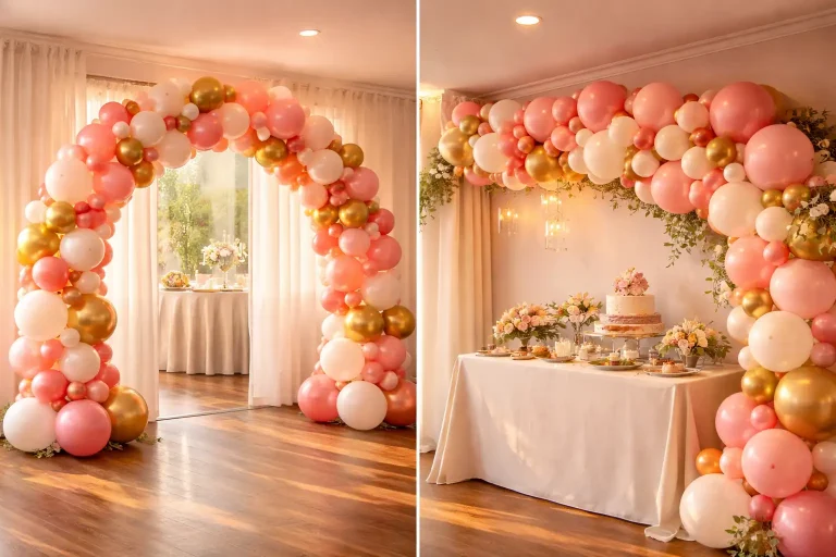 Split screen of ballon arch vs balloon garland