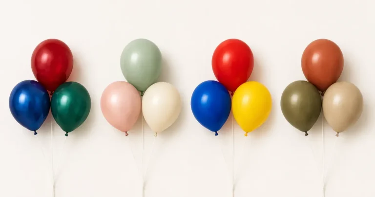 Four clusters of 11-inch latex balloons in jewel, pastel, primary, and earth-tone palettes compared side by side