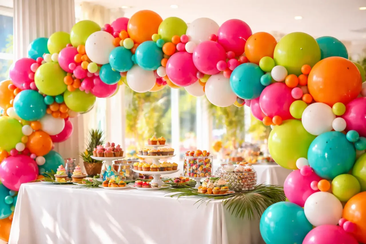 Multicolored ballon garland showing balloons of varying sizes