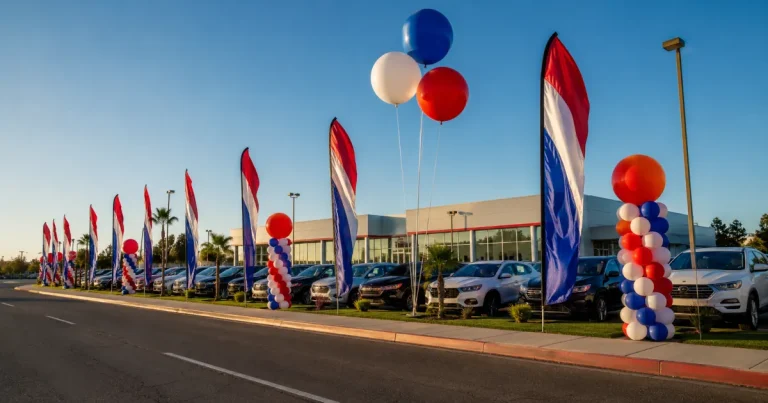 Red, white, and blue swooper flags and cloudbuster balloons lining a car dealership lot to draw road traffic