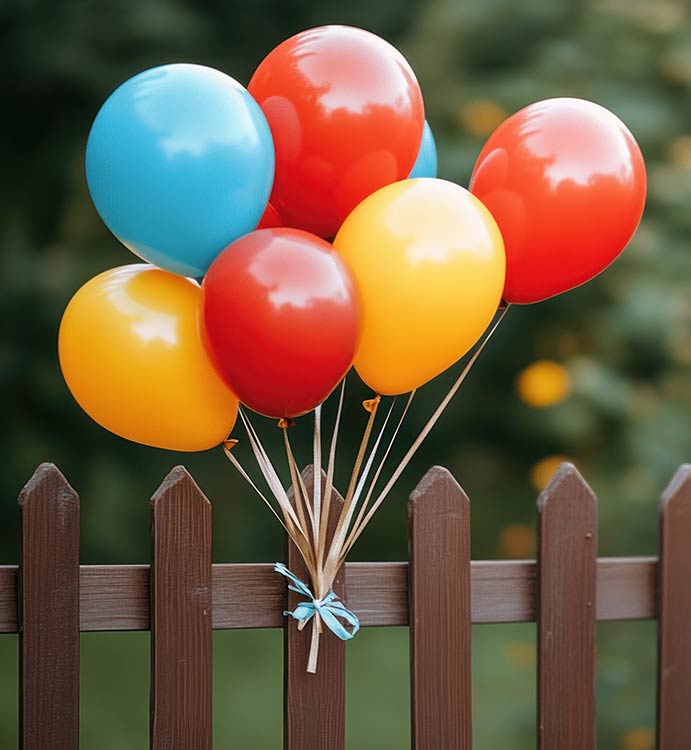 Image of helium filled balloons floating while tied to the fence for a yard party. This shows how HI Float can increase the float time of latex helium balloons