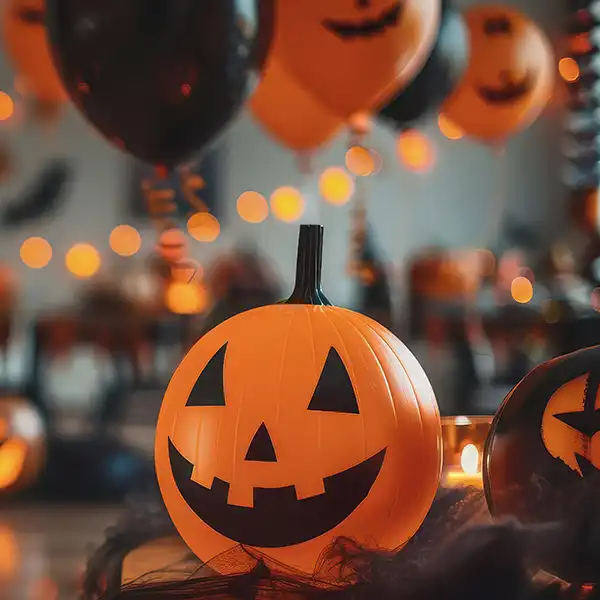 A party room decorated with Halloween plastic pumpkins, pumpkin balloons, and halloween decorations. Some balloons sit on the tabletop while others are floating helium balloons.