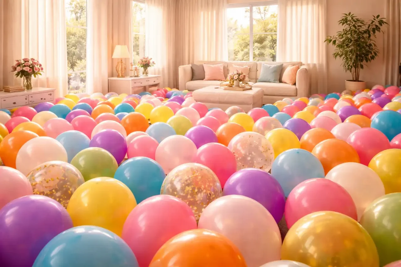 Balloons covering the living room floor