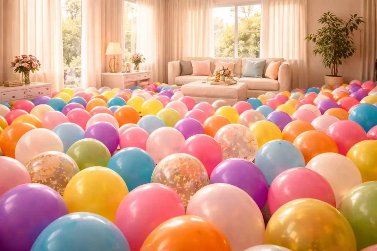 Balloons covering the living room floor