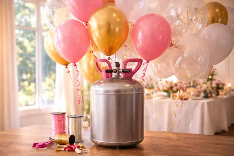 Balloons attached to a helium cylinder and pictured with ribbon