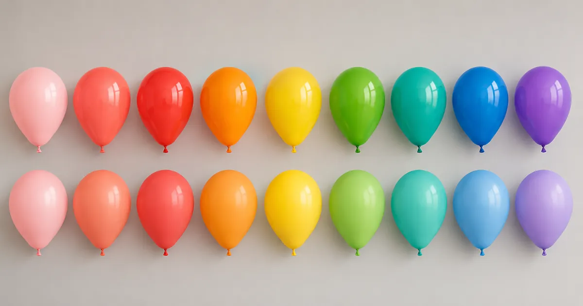Two aligned rows of latex balloons cross-referencing Sempertex and Qualatex colors across the spectrum